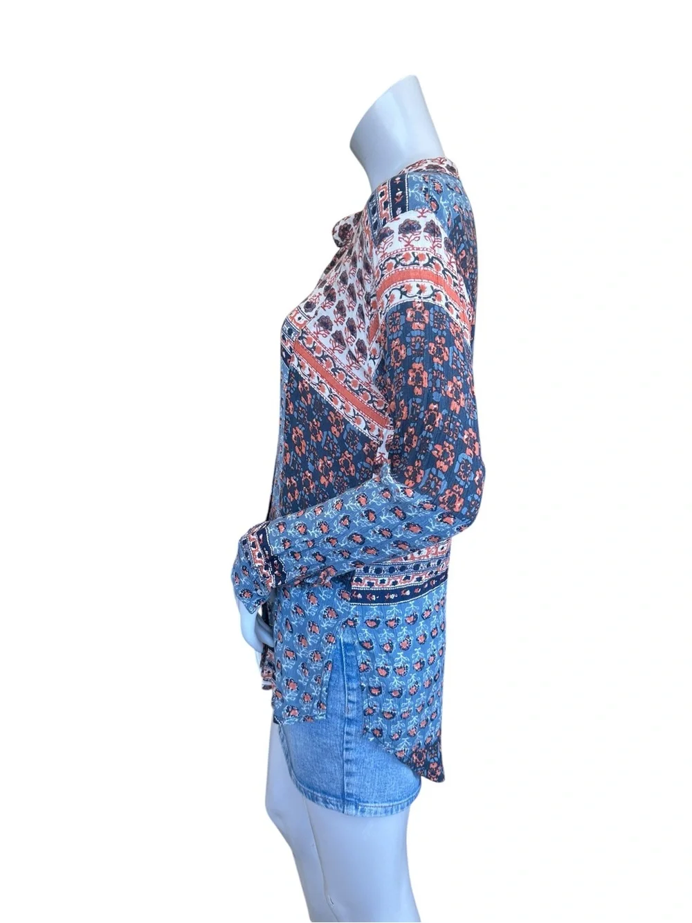 Free People Samba Orange Blue Paisley Tapestry Patchwork Boho Button Up Shirt XS